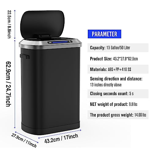 13 Gallon Automatic Trash Can with Lid, Touchless Smart Stainless Steel