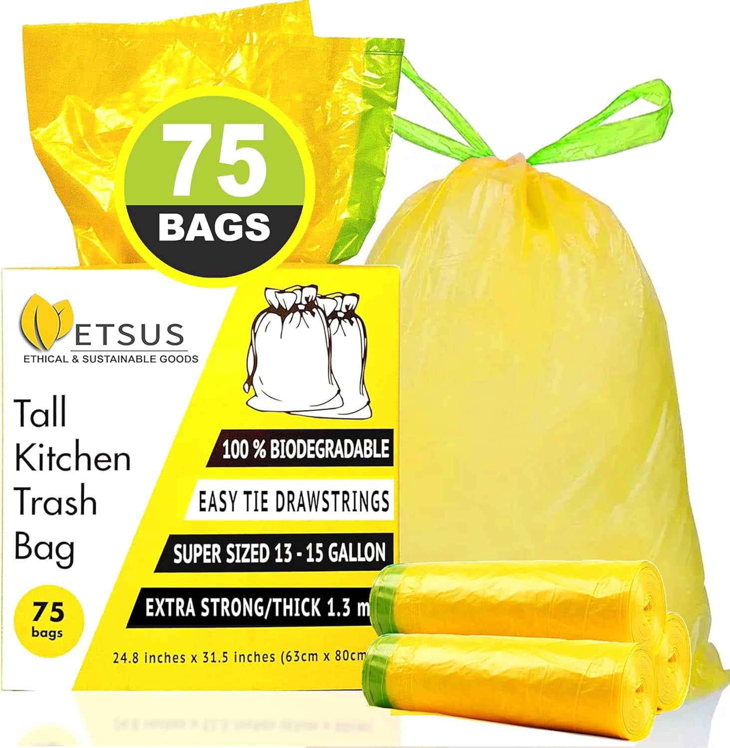 13 Gallon Biodegradable Trash Bags with Drawstrings, 75 Count Plant ...