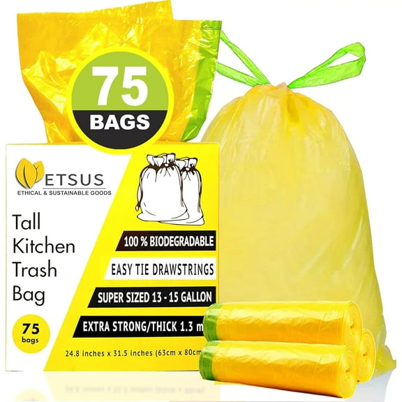 13 Gallon Biodegradable Trash Bags with Drawstrings, 75 Count Plant Based, Code Q Tall Kitchen Compost Bags 50 Liter Bin - Green Garbage Liners - 1.3 mil Thick Heavy Duty and Eco Friendly Trash Bags