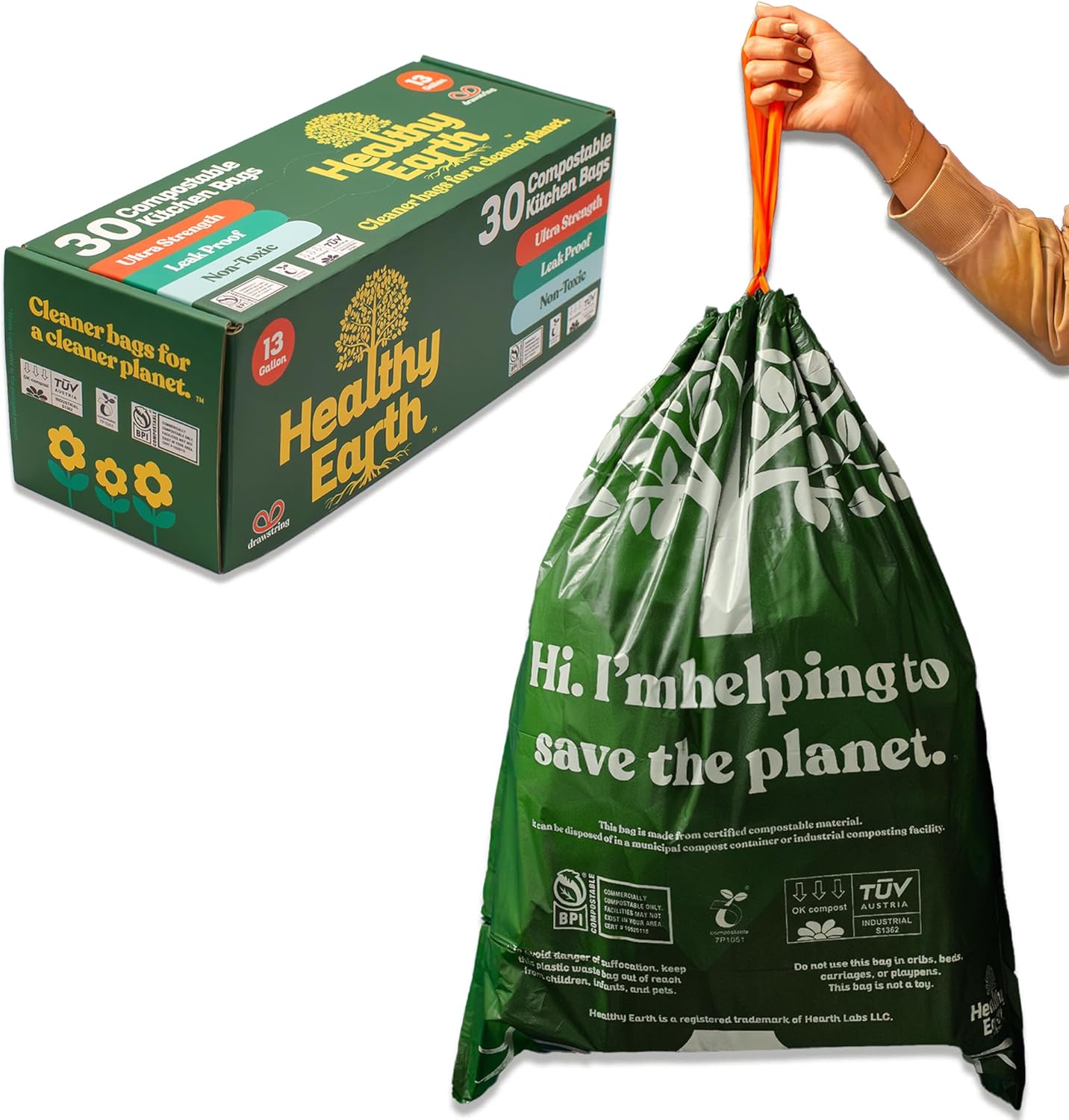 13 Gallon Compostable Drawstring Trash Bags, 1.13 Mil Extra Thick Tall ...
