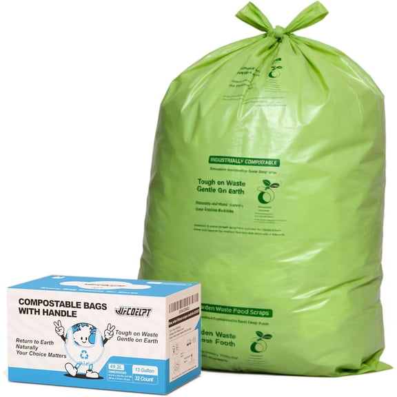 13 Gallon Compostable Kitchen Bags with Handles, 32 Count - Extra Thick 0.9 Mil Tall Kitchen Bin Liners, Seedling Certified, Unscented Food Scrap Bags
