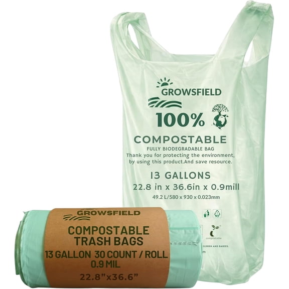 13 Gallon Compostable Trash Bags, Tall Kitchen Garbage Bags, 30 Count, 0.9 Mil Extra Strong, Leak Proof, Easy Tie Handles, Unscented