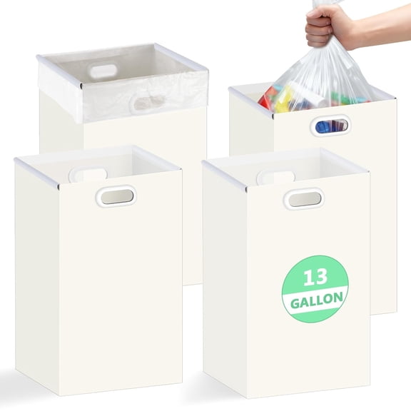 13 Gallon Disposable Trash Cans with Handles, Extra Large Portable Collapsible Garbage Cans with Waterproof, Recycled Reusable Recycling Bins for Party Events Camping, White, 4 Packs