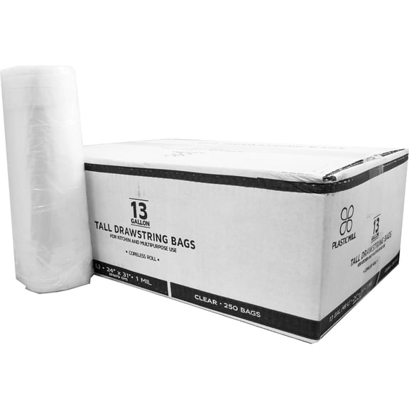 "13 Gallon, Drawstring, Clear, 1 Mil, 24x31, 250 Bags/Case, Extra Tall, Garbage Bags/Trash Can Liners."