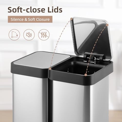 13 Gallon Dual Trash and Recycling Bin, Fingerprint Proof Stainless Steel Kitchen Garbage Can with Double Lid, Pedal Rubbish Bin for Kitchen Home Office, Without Inner Bucket