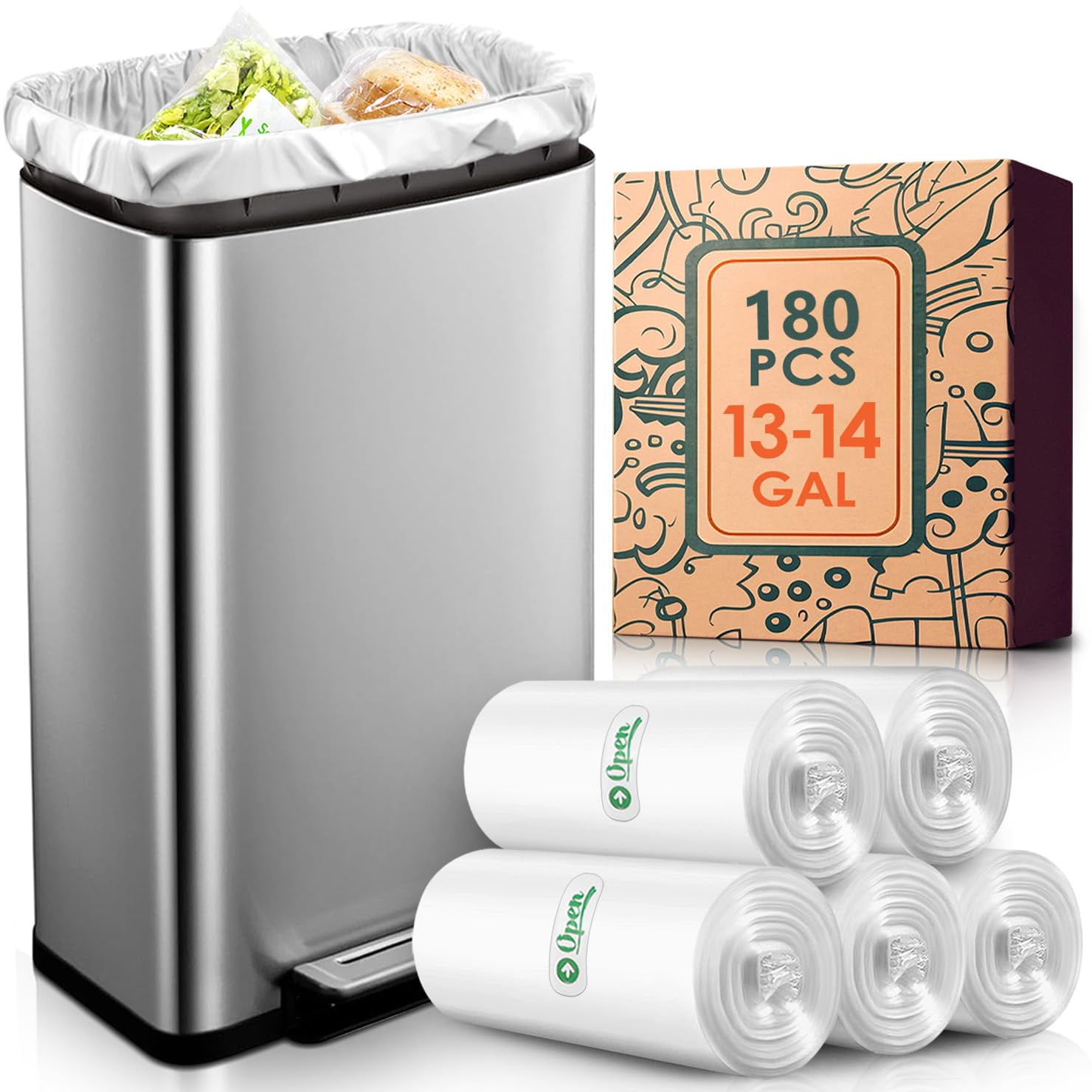 13 Gallon(Fit 1314 Gal)180 Counts Strong Trash Bags 13 Gallon 14