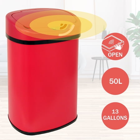 13 Gallon Garbage Can Automatic Stainless Steel Kitchen Trash Can with Motion Sensor, Touch Free High-Capacity Anti-Fingerprint Mute Designed Waste Bin for Home Office, Red