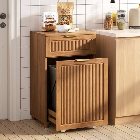 13 Gallon Garbage Can Cabinet, 20" Fluted Pull Out Trash Can with Drawer and 3 Hooks, Wood Laundry Hamper Cabinet, for Kitchen, Living Room, Bedroom