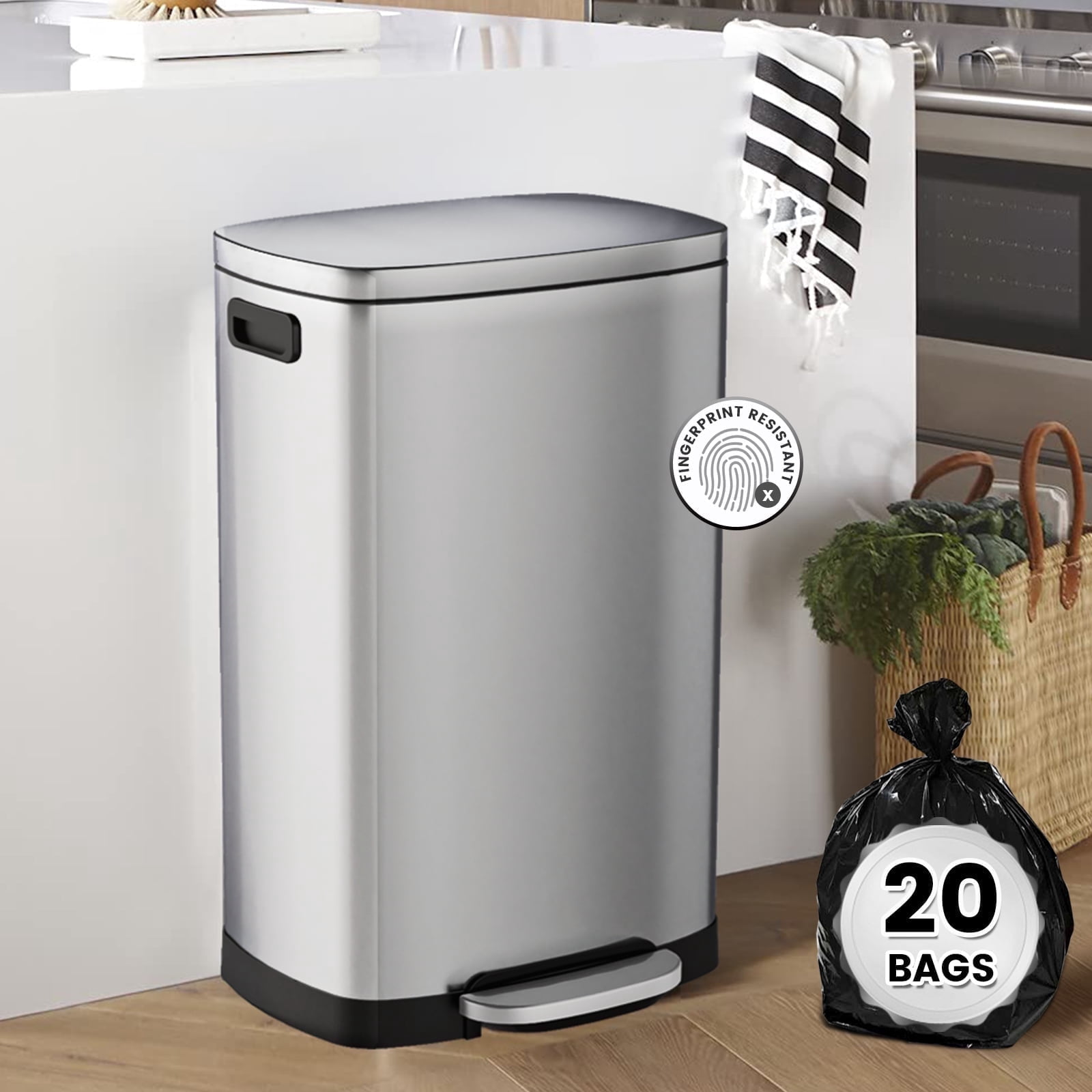 13 Gallon Garbage Cans for Kitchen With Removable Inner Bucket and Lid, Stainless Steel Soft Close Tall Large 50L Pedal Rubbish Bin for Home Office