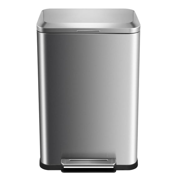 13 Gallon Hands-Free Step Trash Can with Soft-Close Lid - Stainless Steel Rectangular Bin for Kitchen and Office