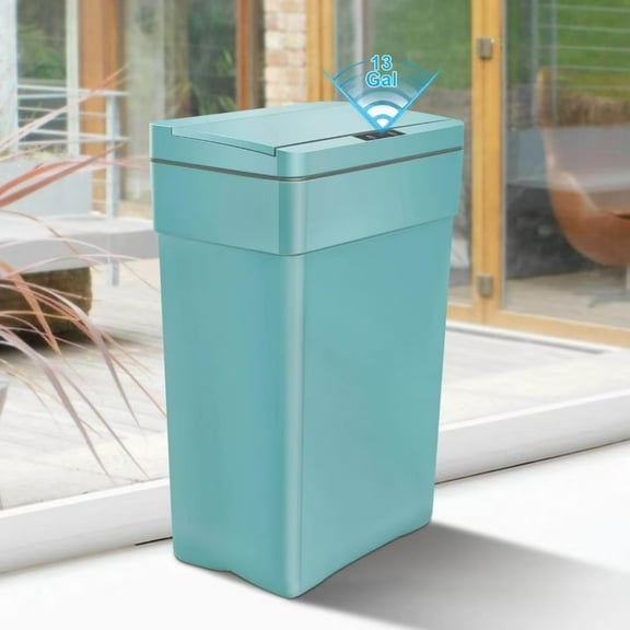 13 Gallon Kitchen Trash Can Automatic Garbage Can with Touch-Free & Motion Sensor, Anti-Fingerprint Plastic Trash Bin for Home Office, Blue