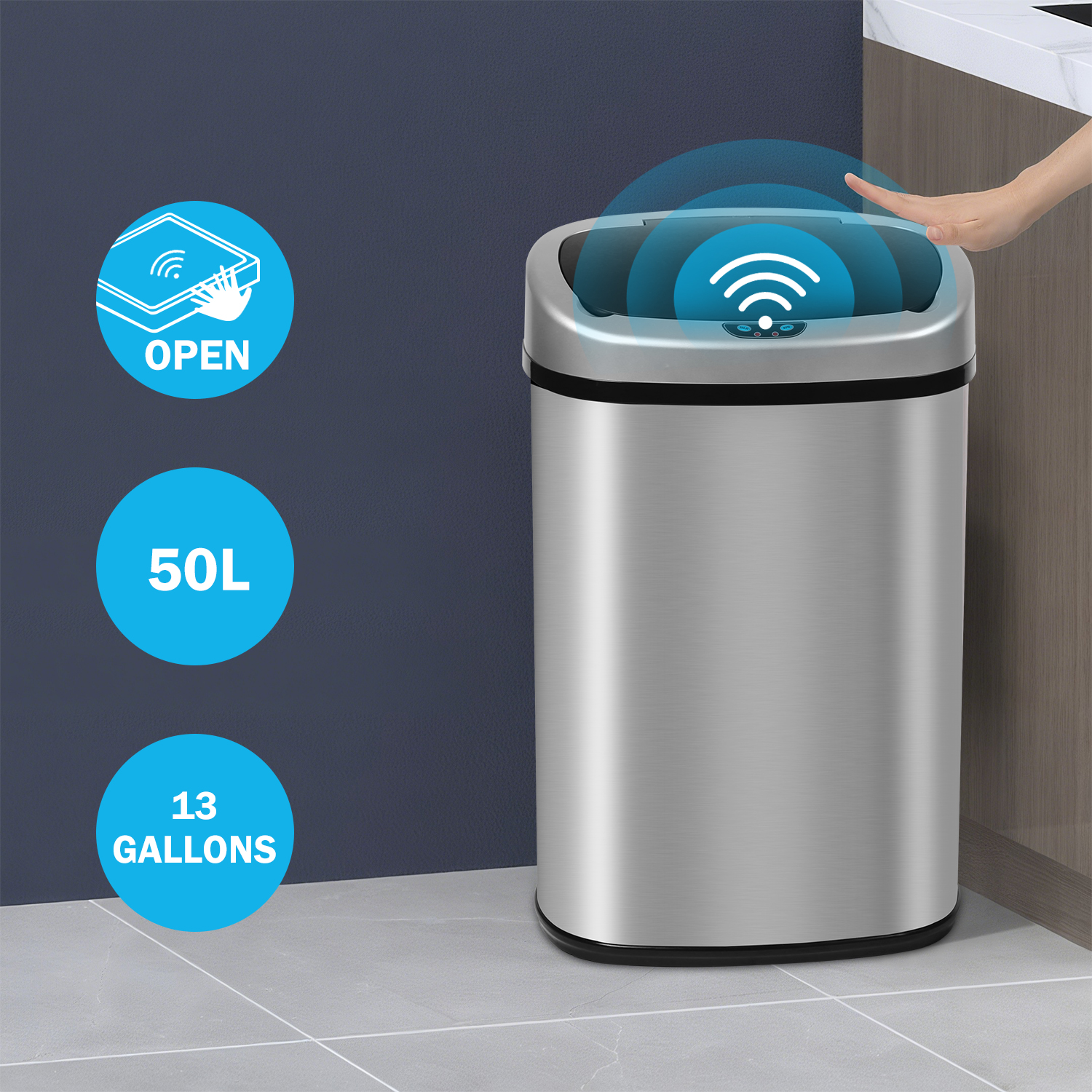 13 Gallon Kitchen Trash Can Automatic Stainless-Steel Garbage Can with Touch-Free & Motion Sensor, Anti-Fingerprint Mute Designed Brushed Waste Bin for Home, Silver - Walmart.com