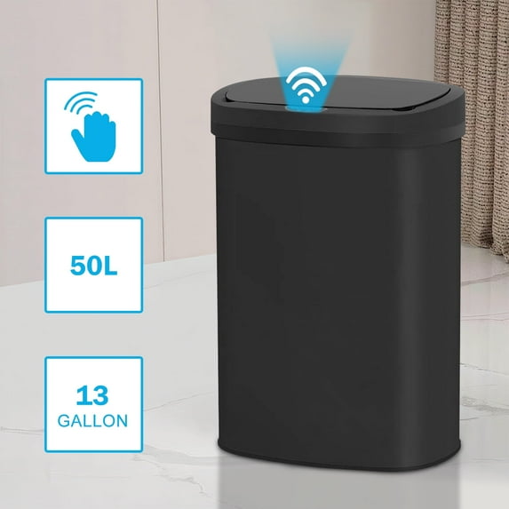 13 Gallon Kitchen Trash Can Automatic Stainless-Steel Waste Bin with Motion Sensor, Anti-Fingerprint Mute Designed Trash Bin, Black