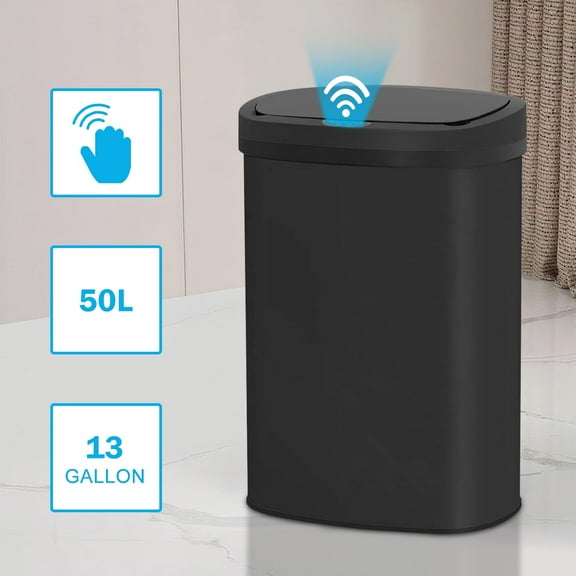 13 Gallon Kitchen Trash Can Automatic Stainless-Steel Waste Bin with Motion Sensor, Anti-Fingerprint Mute Designed Trash Bin, Black