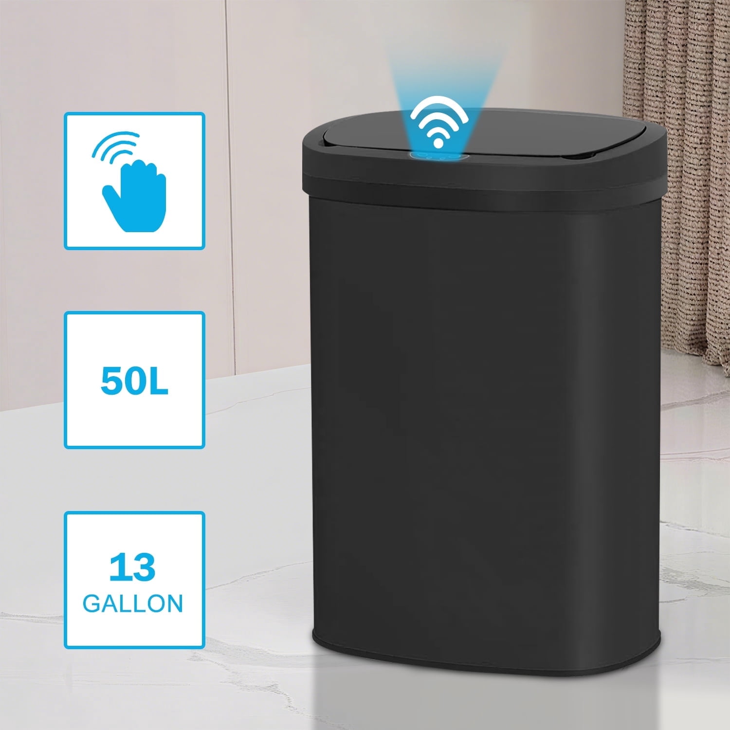 13 Gallon Automatic Stainless Steel Kitchen Trash Bin with Motion ...