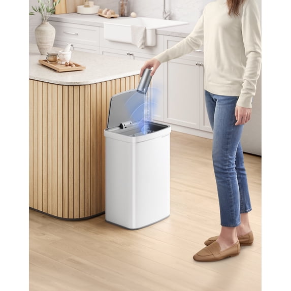 13-Gallon Motion Sensor Trash Can, Stainless Steel, Carbon Filters, Soft Close, White