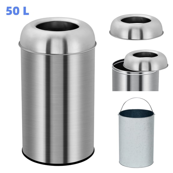 13 Gallon Open Top Trash Can, Round Stainless Steel Garbage Bin with Removable Inner Bucket, Indoor Outdoor Commercial Rubbish Can for Kitchen Home Office Garage - 50L