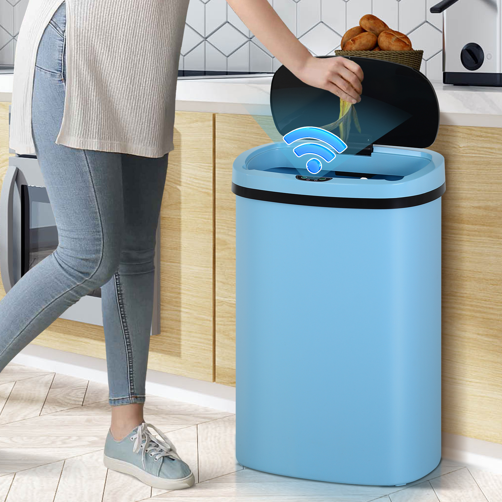 13 Gallon Plastic Garbage Can Kitchen Trash Can Automatic Touch Free Trash can with Lid 50 Liter Waste Bin Mute Anti-Fingerprint for Bedroom Home Office Living Room, Blue