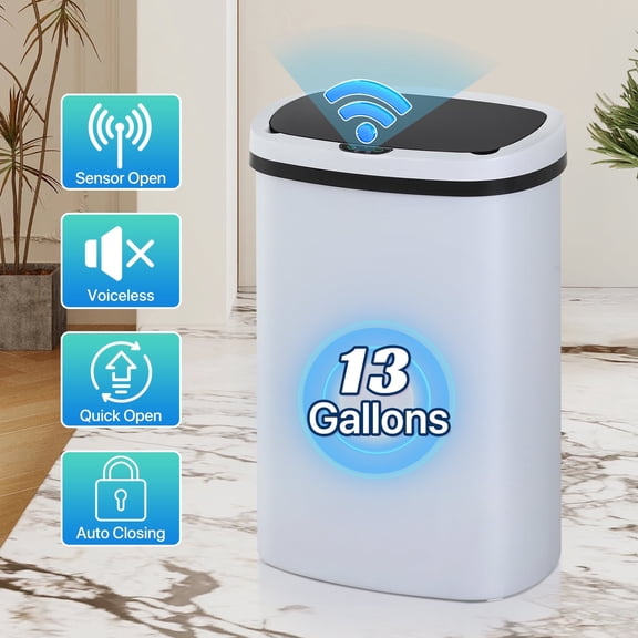 13 Gallon Plastic Garbage Can Kitchen Trash Can Automatic Touch Free Trash can with Lid 50 Liter Waste Bin Mute Anti-Fingerprint for Bedroom Home Office Living Room, White