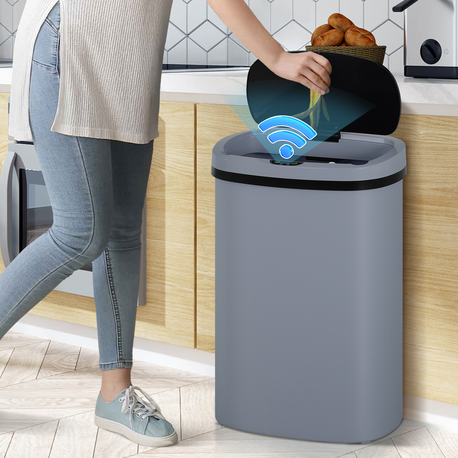 13 Gallon Plastic Garbage Can Kitchen Trash Can Automatic Touch Free Trash can with Lid 50 Liter Waste Bin Mute Anti-Fingerprint for Bedroom Home Office Living Room, Gray