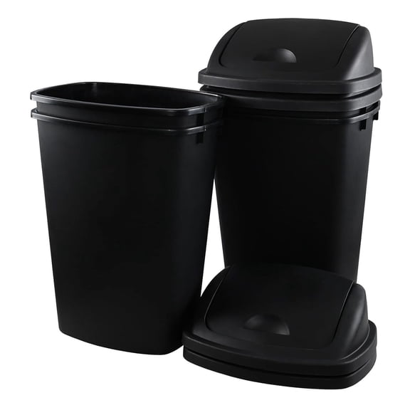 13 Gallon Plastic Kitchen Garbage Can with Swing Lid, Large Lidded Trash Can for Kitchen, Black, 4 Pack