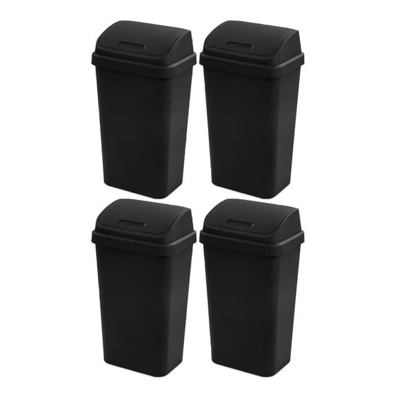 13 Gallon Plastic Swing Top Spave Saving Flat Side Lidded Wastebasket Trash Can for Kitchen, Garage, or Workspace, Black (4 Pack)