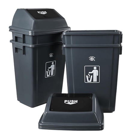 13 Gallon Plastic Swing Top Trash Can, 4 Pack Plastic Kitchen Garbage Can, Gray