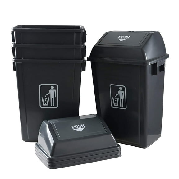 13 Gallon Plastic Trash Can with Swing Lid, 4-Pack Large Kitchen Swing-Top Garbage Can, Gray