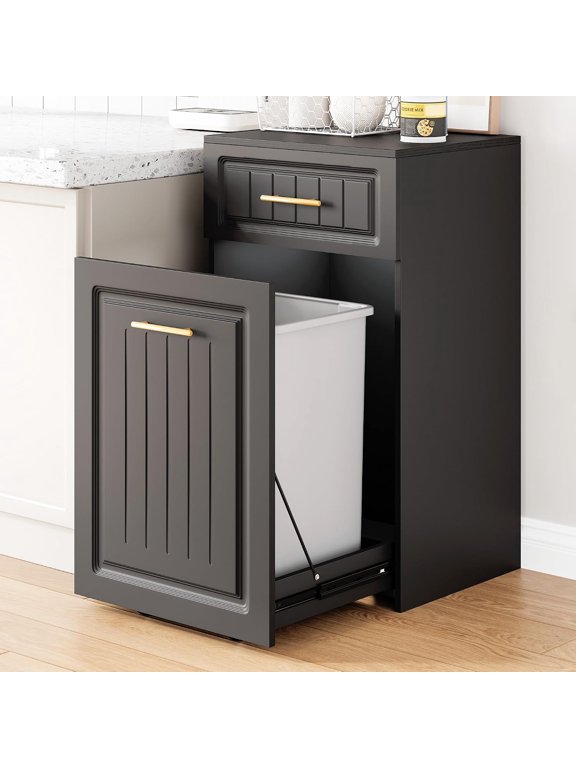 13 Gallon Pull Out Trash Can Cabinet, Pet Proof Freestanding Kitchen Trash Bin Cabinet with Hideaway Drawer, Wooden Garbage Recycling, Laundry Hamper, Modern Farmhouse Waste Bin Furniture, Black