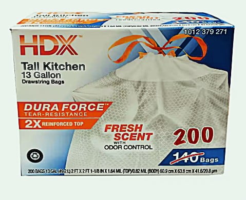 13 Gallon Reinforced Top Drawstring Fresh Scented Tall Kitchen Trash Bags with 20% PCR (200-Count)