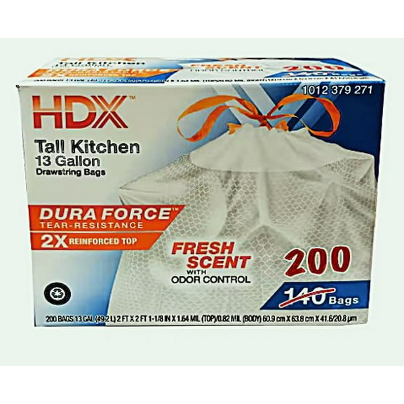 13 Gallon Reinforced Top Drawstring Fresh Scented Tall Kitchen Trash Bags with 20% PCR (200-Count)