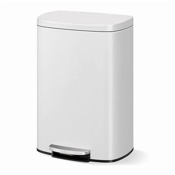 13 gal / 50 L Metal Kitchen Trash Can with Lid, Large Rustproof Garbage for Kitchen, Step-on Bin Inner Bucket, Rear Handle, Soft Close White