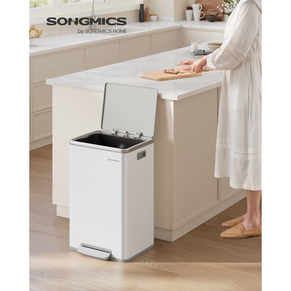 13-Gallon Stainless Steel Trash Bin with Soft-Close Lid & Removable Inner Bucket Includes 15 Liners, Easy-Grip Handles, Cloud White