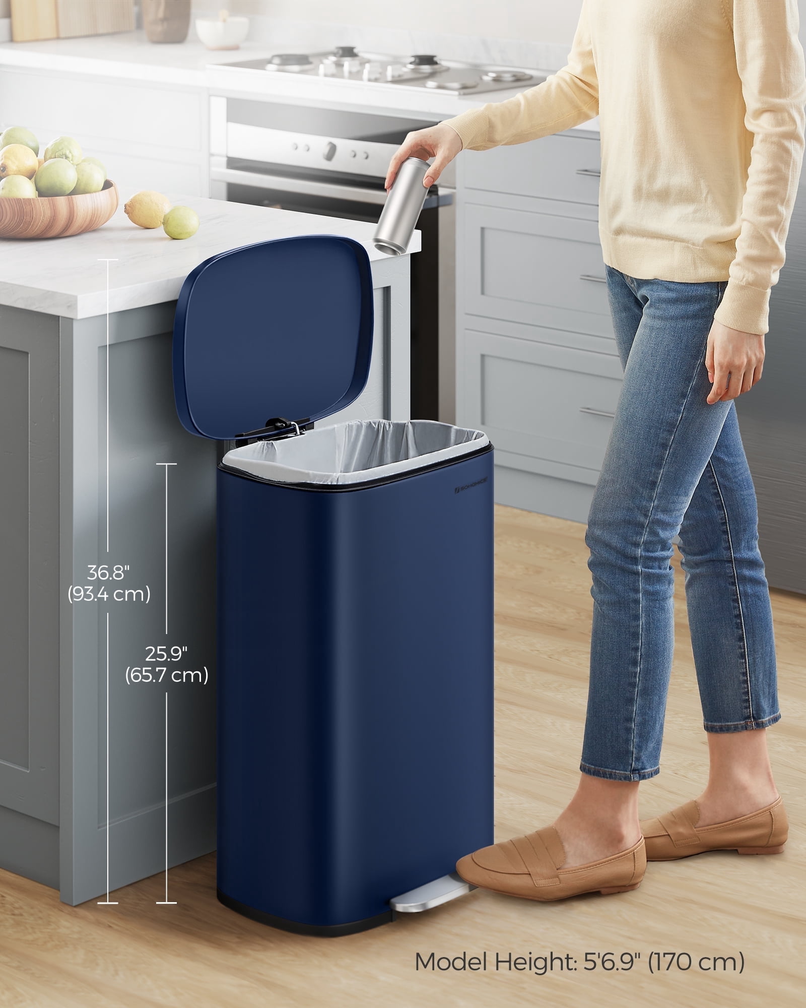 13 Gallon Stainless Steel Trash Can - Step-On Pedal, Soft Close Lid, Kitchen Bin, Removable Bucket, Midnight Blue