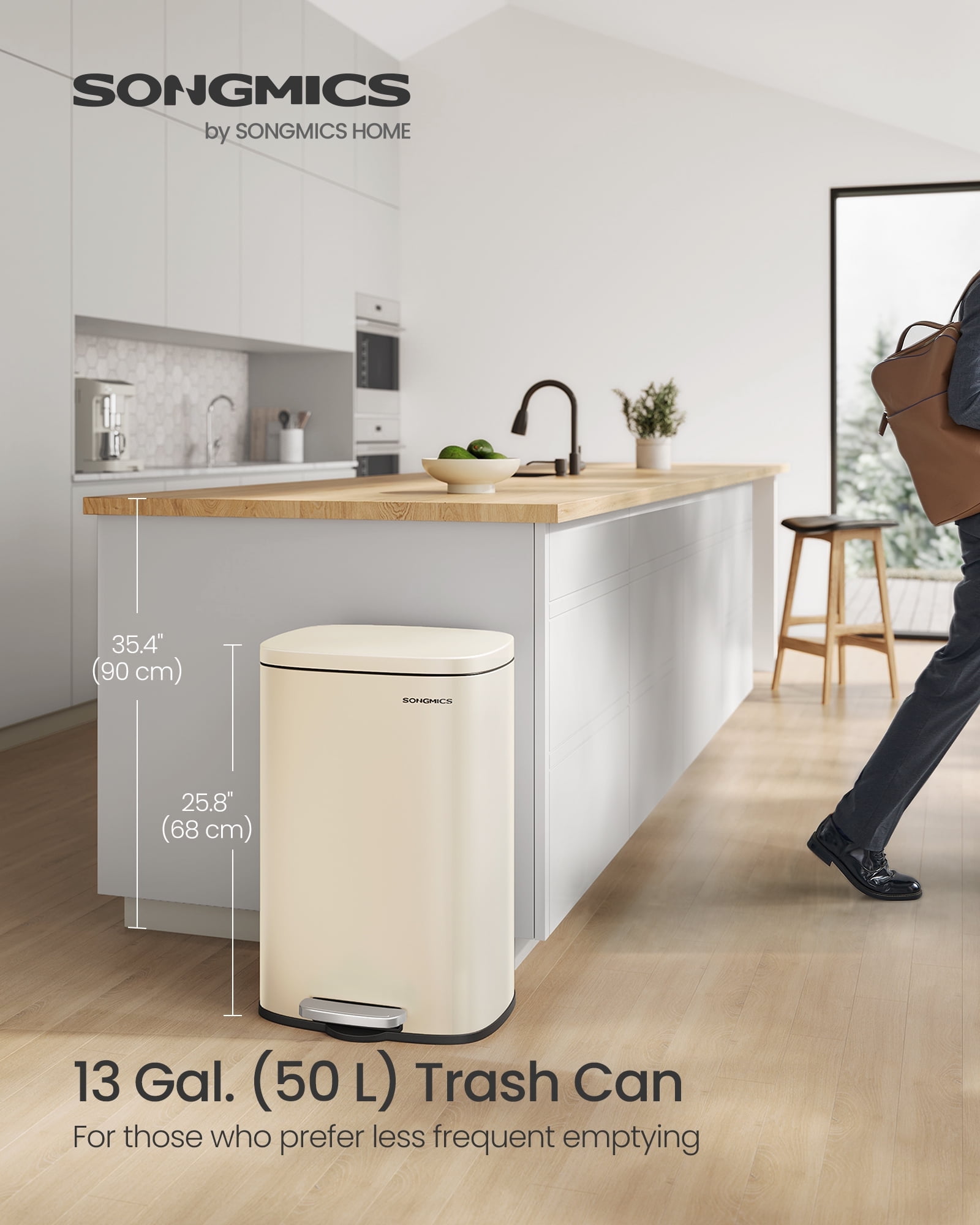 13 Gallon Stainless Steel Trash Can with Soft Close Lid, Step Pedal & Removable Bucket for Kitchen, Recycling or Waste, Sand Beige
