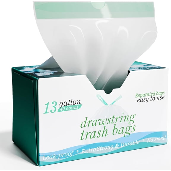 13 Gallon Tall Kitchen Drawstring Trash Bags - 1.2 Mil Extra Strong - Large Drawstring s - Large Plastic Bags - Individual, Unscented, White, 25" x 30", 40 Count