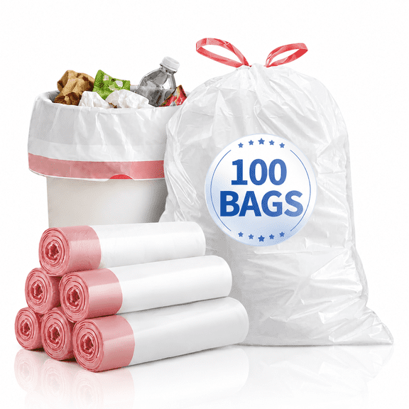 13 Gallon Tall Kitchen Drawstring Trash Bags, Strong Flex Durable Garbage Bags, 100 Count
