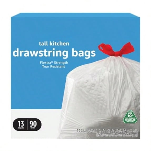13 Gallon Tall Kitchen Drawstring Trash Bags, Tear Resistant, 10% Post Consumer Recycled, 90 Count, White