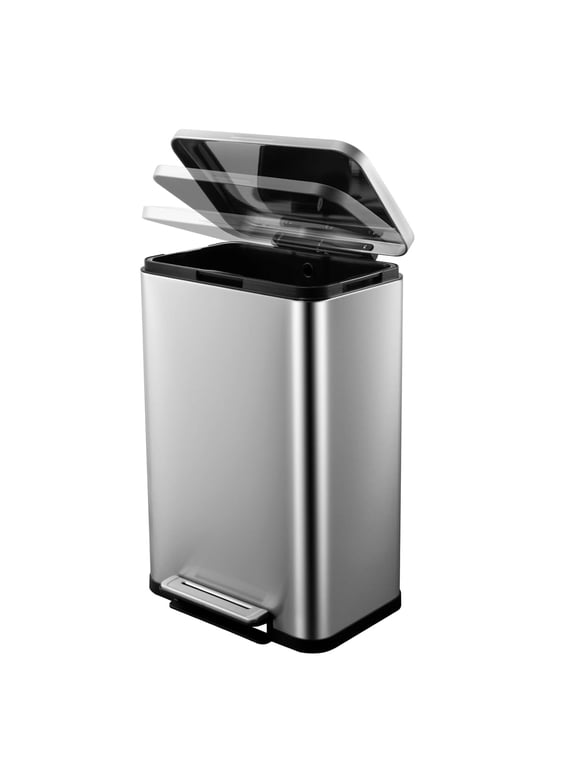 13 Gallon Tall Kitchen Garbage Can Hands-Free Stainless Steel Trash Can Soft-Close Step Pedal Rectangular Smudge Resistant Kitchen Trash Can with Removable Inner Bucket Cover