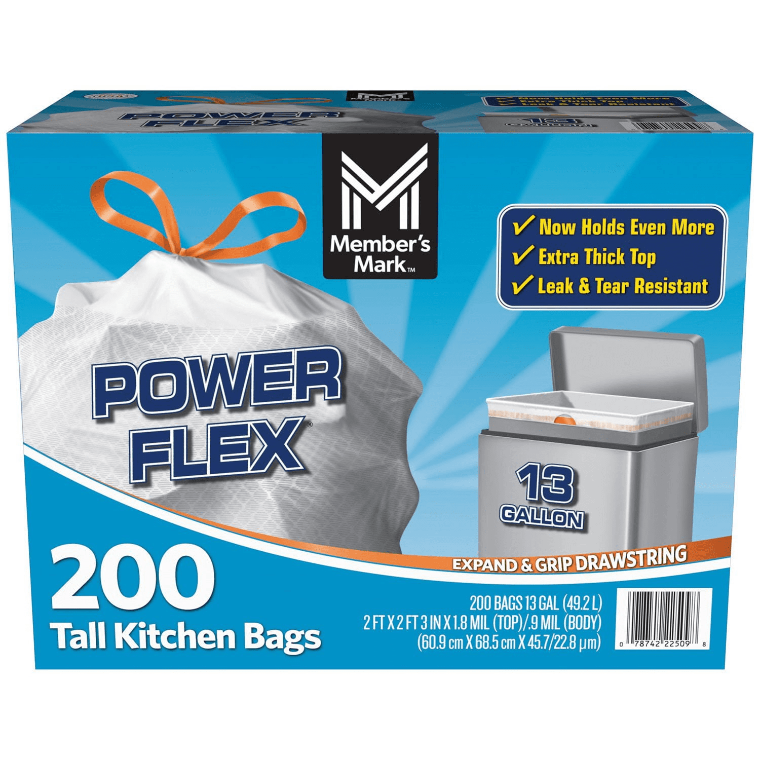13-Gallon Tall Kitchen Trash Bags, Drawstring Closure, Heavy Duty Strong, Tear & Leak Resistant, 200 Count