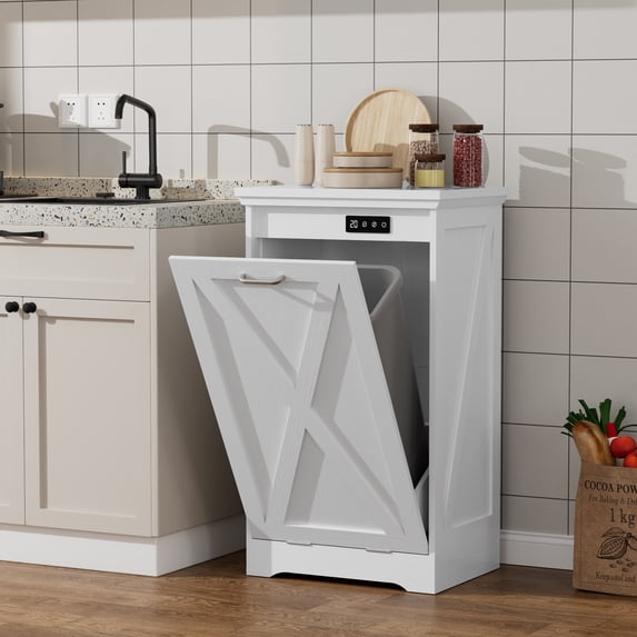 13-Gallon Tilt-Out Trash Can Cabinet, Hidden Trash Bin with Deodorizing & Negative Ion Technology, Pet-Proof Design for Kitchen, Dining Room, Living Room, White