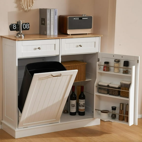 13 Gallon Tilt Out Trash Can Cabinet,Hidden Trash Can Cabinet with 2 Drawers and Adjustable Shelves,Freestanding Kitchen Pantry Cabinet,Wooden Laundry Sorter Cabinet for Kitchen Living Room