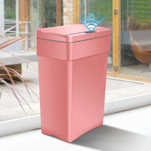 13 Gallon Touch Free Automatic Trash Can High Capacity Plastic Garbage Can Trash Bin with Lid for Kitchen Living Room Office Bathroom, 50L Electronic Motion Sensor Automatic Trash Can - Pink