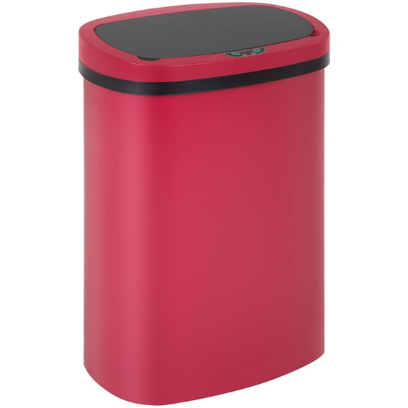 13 Gallon Touchless Motion-Sensor Plastic Trash Can with Lid, Red, Oval Shape, Odor-Control, Quiet Close, for Kitchen