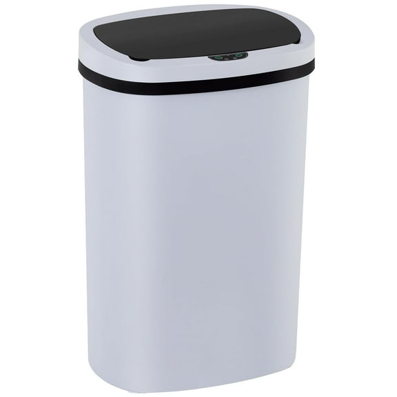 13 Gallon Touchless Motion-Sensor Plastic Trash Can with Lid, White Oval Shape, Quiet Close and Odor-Control for Kitchen