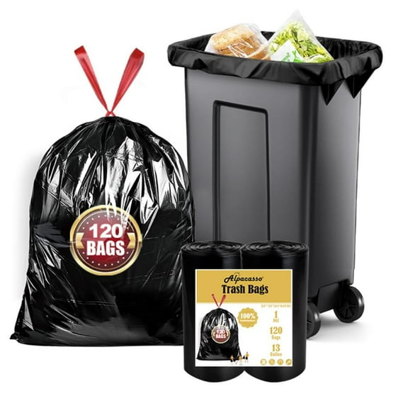 13 Gallon Trash Bags Heavy Duty - (120 Pack) - 24”x 33”- Black Garbage Can Liners for Kitchen, Lawn and Leaf, Outdoor, Storage