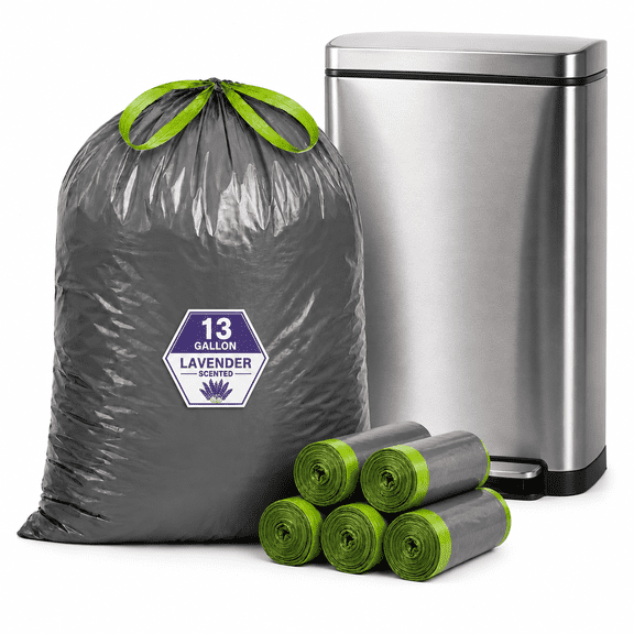 13 Gallon Lavender Scented Trash Bags (100 Count), Tall Kitchen Drawstring Garbage Bags, Gray, High Density, Fits 10–13 Gallon Cans