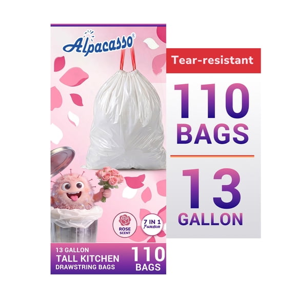13 Gallon Trash Bags Rose Scented (110 Count), Tall Kitchen Drawstring Garbage Bags ,Ultra-Flexible, Leak and Odor-Resistant High Density Garbage Bags (White)