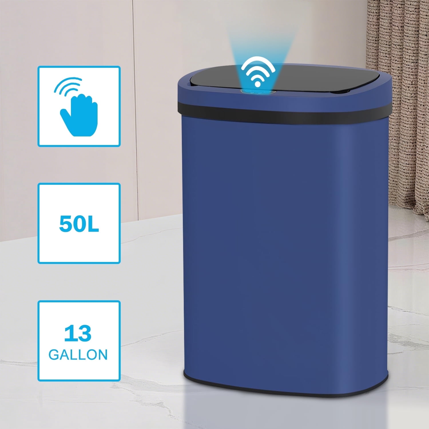13 Gallon Trash Can Automatic Kitchen Garbage Can with Lid Touchless Sensor Waste Bin Slim No Touch Stainless Steel Trash Can for Home, Living Room, Bedroom, Office （Deep Blue）