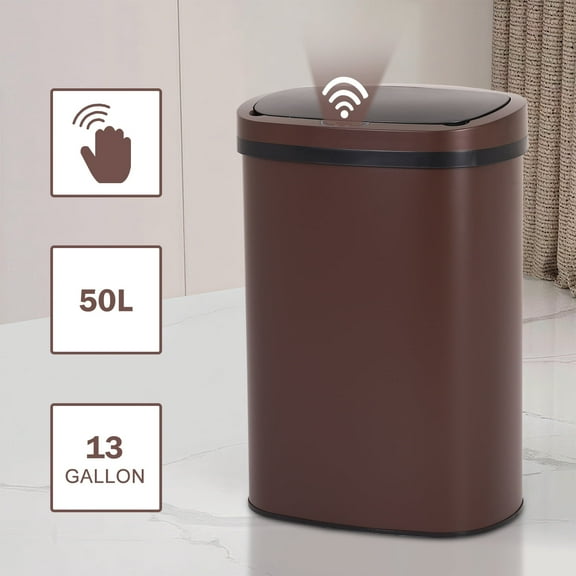 13 Gallon Trash Can Automatic Kitchen Garbage Can with Lid Touchless Sensor Waste Bin Slim No Touch Stainless Steel Trash Can for Home, Living Room, Bedroom, Office (Brown)